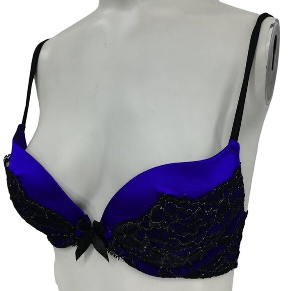Victorias Secret Very Sexy Plunge Bra Blue Black Lace Size 32C Padded Underwire - Picture 2 of 10